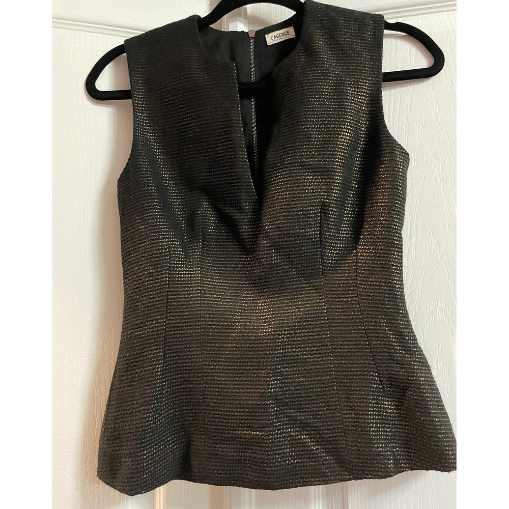 L'Agence Vest Womens Size 2 Black Gold Metallic Textured Zip Up Sleeveless Top